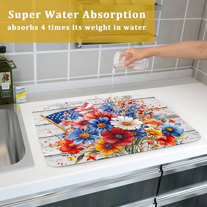 4th of July Dish Drying Mat 18x24 inch Patriotic Floral Fast Dry Microfiber Reversible Dish Drainer Rack Pad Kitchen Counter Accessories