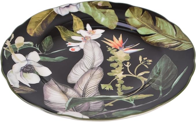 222 Fifth 12-Piece Porcelain Dinnerware Set for 4, Black & White Plates and Bowls Set with Tropical Floral Design, Glossy Ceramic Dish Set, Kitchen Tableware, Microwave & Dishwasher Safe, Borneo