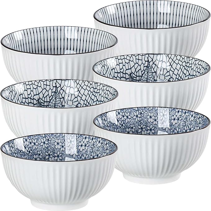 QINLANG 6 Inch Blue and White Porcelain 30 oz Bowls Set of 6 for Soup, Cereal, desserts, ice cream and Rice - Mixing Pattern