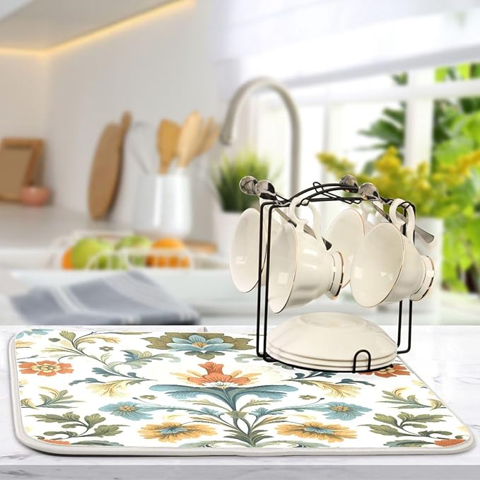 Vintage Colorful Flowers Dish Drying Mat for Kitchen Counter Super Absorbent Dishes Pad Reversible Microfiber Protector Dish Draining Mats 18x24 inch