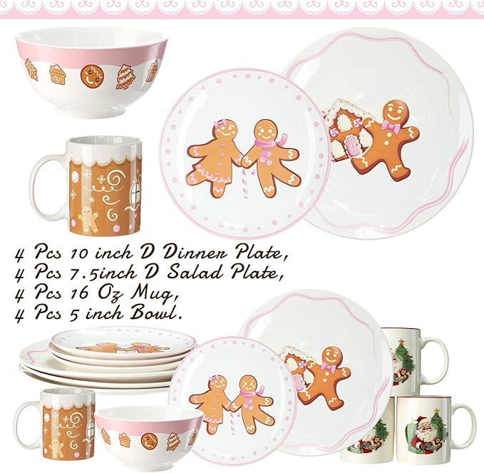 16 Pcs Pink Gingerbread Man Christmas Dishes Dinnerware Set for 4 Guest Holiday Dinner Plate Ceramic Pastel Christmas Salad Plate Gingerbread House Bowl Mug Xmas Gift Holiday Party Kitchen Decoration