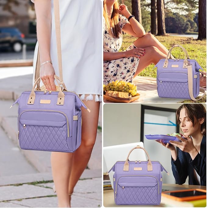 AIJIEKE Lunch Bag for Women, Large Lunch Box for Work Insulated Lunch Bag, Adult Leakproof Lunch Tote Cooler Bag with Side Pockets & Adjustable Strap, Lunch Purse for Picnic Beach, Purple