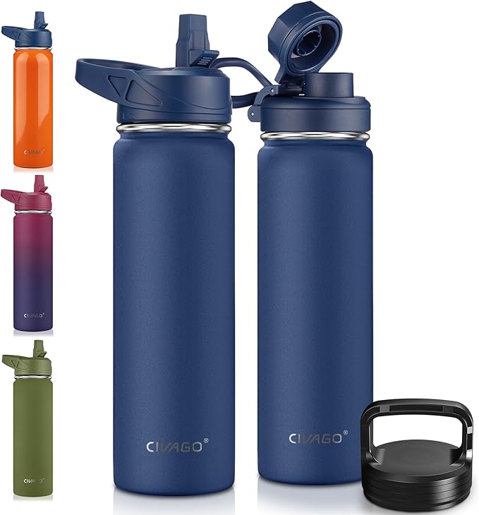CIVAGO 22 oz Insulated Water Bottle With Straw, Stainless Steel Sports Water Flask Cup with 3 Lids (Straw, Portable Spout and Handle Lid), Double Walled Travel Thermal Canteen Mug, Navy Blue
