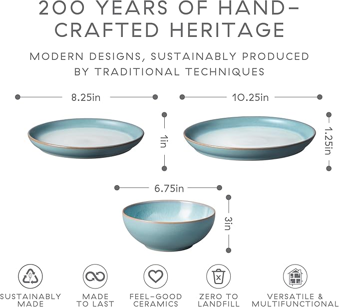 Denby - Azure Haze Dinner Set For 4-12 Piece Coupe Reactive Glaze Aqua Ceramic Stoneware Tableware Set - Dishwasher Microwave Oven Safe - Scratch Chip Resistant