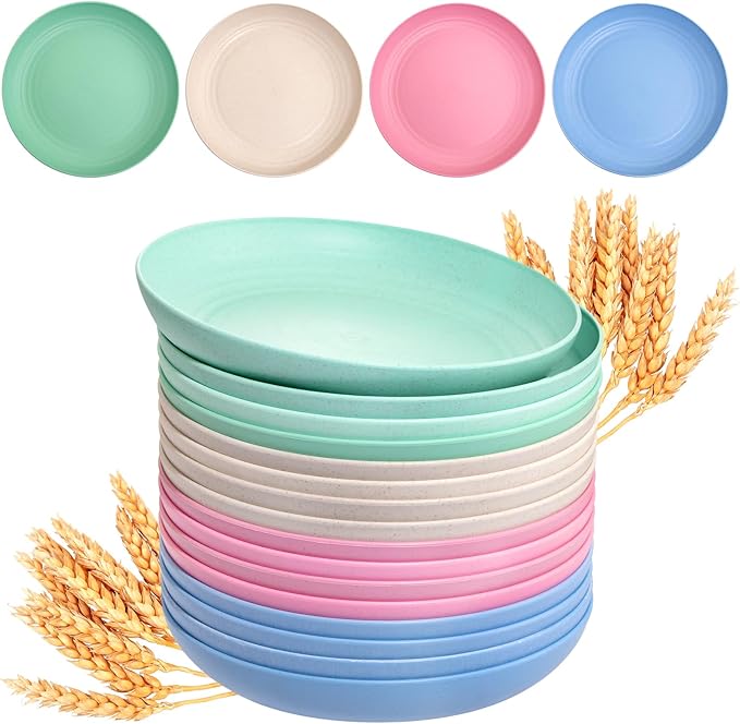 supernal 16pcs 10" Wheat Straw Plates,Deep Dinner Plates,Unbreakable Dinner Plates,Plastic Plates Reusable,Lightweight Microwave Dishwasher Safe-Beige,Blue,Pink,Green for Picnic,Birthday,Camping