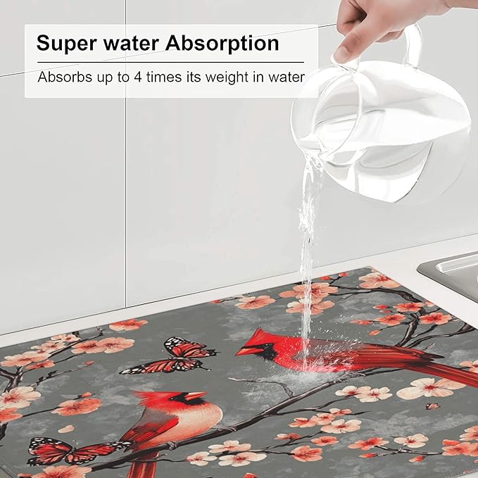 Cardinal Birds Dish Drying Mat for Kitchen Counter Microfiber Super Absorbent Non-Slip Dish Drying Pad for Countertops Dishes Utensils Stylish Quick-Dry Machine Washable 18x24 Inch