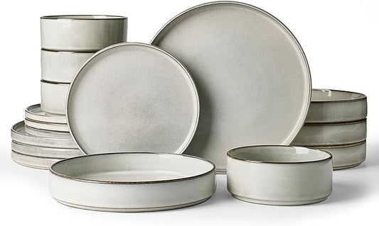 Famiware Annecy Plates and Bowls Sets, Service for 4 (16 Pieces), Dinnerware Sets with Pasta Bowls, Microwave and Dishwasher Safe Dishes Set, Chip and Scratch Resistant, Grey-White