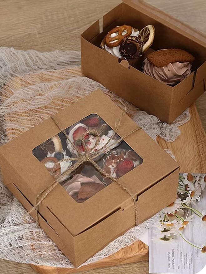 30-Set Cupcake Boxes Bulk with Clear Display Window Hold 4 Standard Cupcakes, Disposable Food Grade Brown Cupcake Carrier Cupcake Container, Perfect for Cupcakes Muffins Cookies Pastries