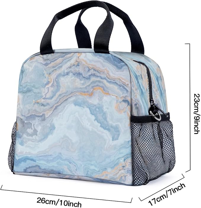 Blue Marble Lunch Bag for Women Men Cute Large Capacity Thermal Lunch Tote Reusable Washable with Adjustable Shoulder Strap and Dual Large Mesh Side Pockets