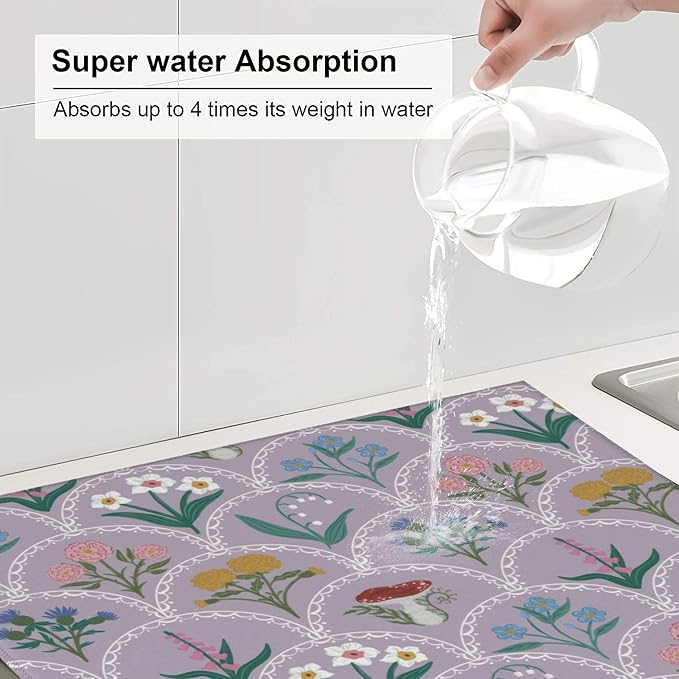 Vintage Flowers Dish Drying Mat 16x18 Inch, Microfiber Absorbent Fast Dry Mat Mushroom Floral Large Dish Mat Drying Kitchen Mat, Kitchen Drying Pad for Kitchen Counter Coffee Bar Decor Gifts