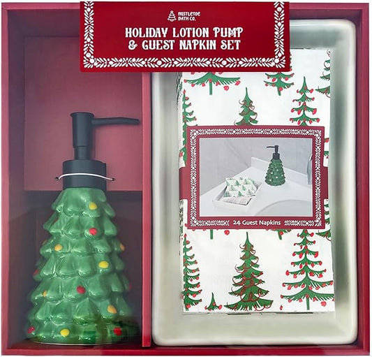 3-Piece Christmas Tree Tray Set, Festive Christmas Decor for Bathroom Holiday Entertaining, Decorative Napkin Holder- Green
