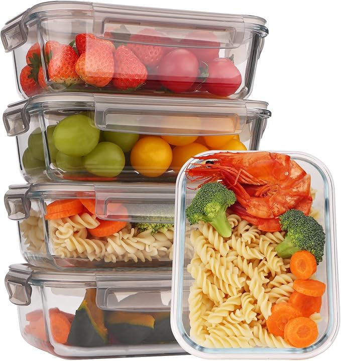 5-Pack Glass Storage Containers,Glass Food Container with Lid,Lunch Box,Bento Box,Storage Box,Meal Prep Containers,Lunch Containers, Fruit Preservation Boxes-Light Gray