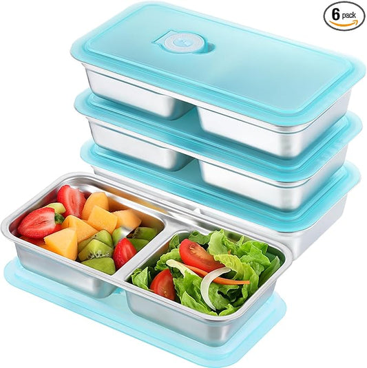 Stainless Steel Snack Containers with Lids, 6 Pcs Double Compartment Lunch Box Reusable Leakproof Condiment Box Dishwasher Safe for Travel Camping and Meal Prep