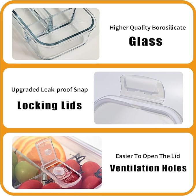 5-Pack Glass Storage Containers,Glass Food Container with Lid,Lunch Box,Bento Box,Storage Box,Meal Prep Containers,Lunch Containers, Fruit Preservation Boxes,Three-partition-White