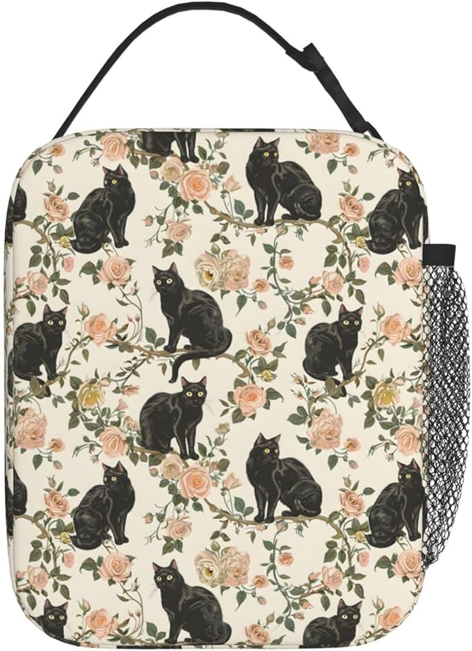 Black Cat and Rose Lunch Box for Women Men, Insulated Lunch Box, Reusable Lunch Bag for Office, Work, Picnic, Travel