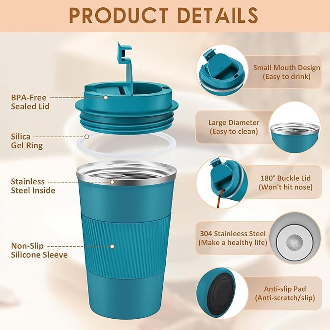 KETIEE Travel Coffee Mug 12oz: Insulated Coffee Cup with Leakproof Lid, Coffee Tumbler, Reusable Coffee Cups with Seal Lid, Vacuum Stainless Steel Coffee Mug to Go for Hot/Ice Coffee Tea (Blue)