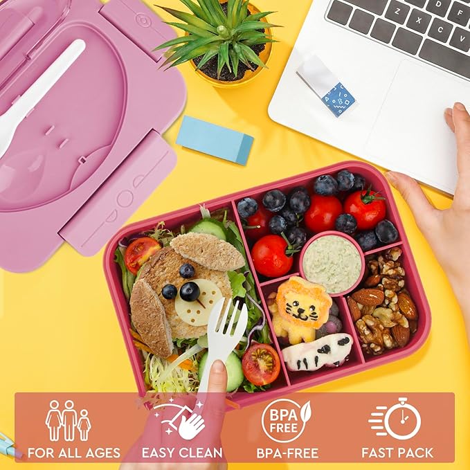 Bento Box Adult Lunch Box,Lunch Containers for Adults Kids,5-Compartment Bento Box for Kids Snack Boxes with Cutlery (Pink)