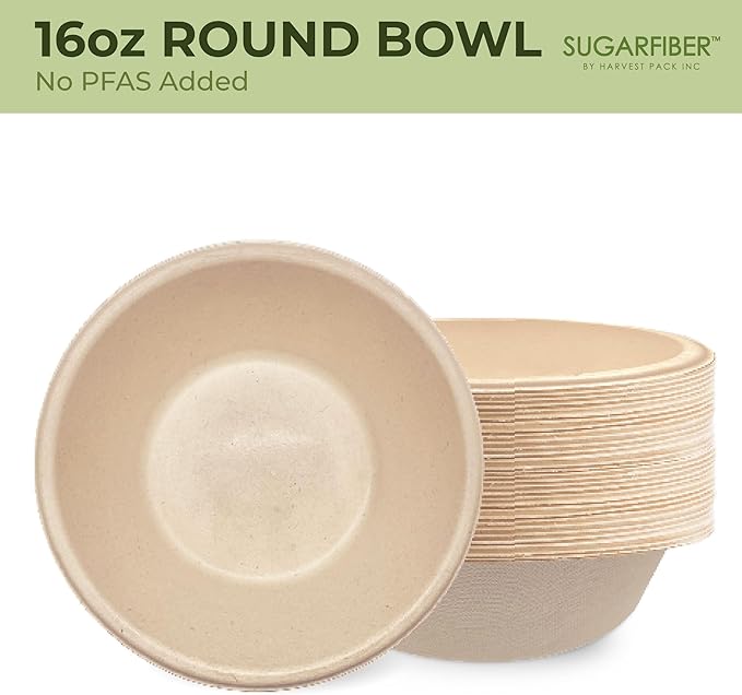[125 SET]Sugarfiber by Harvest Pack 16oz PFAS FREE Round Paper Bowls with Flat Lids, Heavy-Duty Eco-Friendly Disposable Bagasse Bowls Sugarcane Natural for Acai Bowl Meal Prep Takeout Dinnerware
