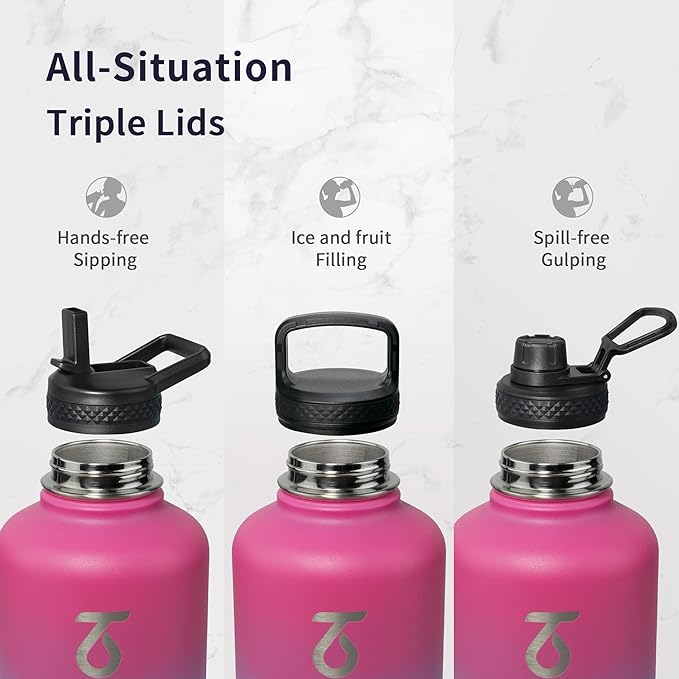 Trebo Insulated Water Bottle 64 oz, Half Gallon Metal Vacuum Water Jug with Paracord Handle and 3 Lids, Leakproof BPA-Free Flask for Gym Sports Hiking Travel, Keep Cold 48 Hours, Rose Red