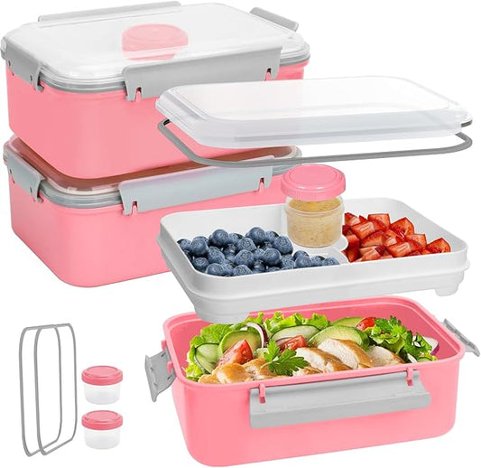3 Pack Salad Lunch Box Food Storage Containers, 47oz Bento Box To Go Container with Lids, Meal Prep Containers with Removable Tray & Dressing Pots for Kids and Adults, Reusable and Microwave Safe