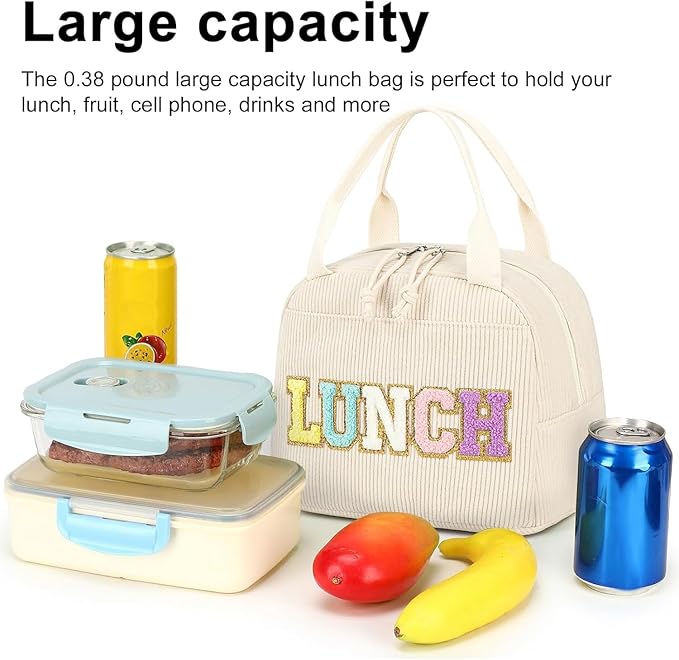 Bluboon Lunch Bag for Women Men Cute Corduroy Lunch Tote Bags Reusable Insulated Lunch Box Large Capacity Reusable Insulated Cooler for Work Picnic or Travel (Corduroy beige+lunch)
