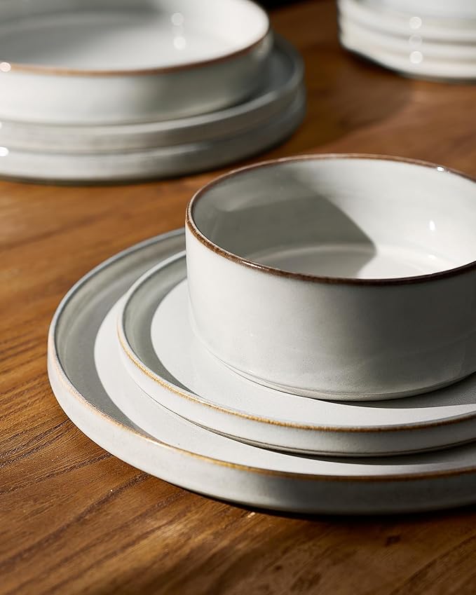 Famiware Annecy Plates and Bowls Sets, 12 Pieces Dinnerware Sets, Microwave and Dishwasher Safe Dishes Set for 4, Chip and Scratch Resistant, Grey-White