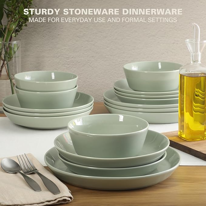 Gibson Home Summer Shades 16 Piece Plates and Bowls Dishes Service for 4 Porcelain Dinnerware Set - Green