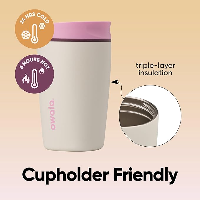 Owala SmoothSip Slider Insulated Stainless Steel Coffee Tumbler, Reusable Iced Coffee Cup, Hot Coffee Travel Mug, BPA Free 12 oz, Pink/Tan (Daybreak)