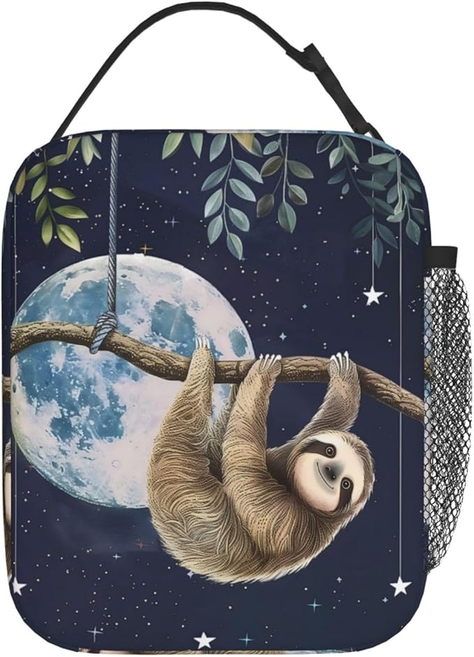 Sloth Polyester Lunch Box for Kids Teen,Cute Reusable Thermal Lunch Bag for Adult Women,Moonlight Insulated Tote Cooler Bags for School,Work,Picnic,Travel,Dreamy Space Theme