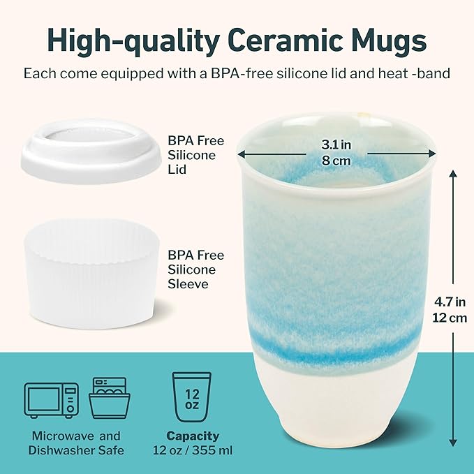 Travel Mug - Portable Coffee To Go Mug Microwave & Dishwasher Safe Coffee Cups Reusable - Gifts For Women Men Him Her 12oz - Lagoon