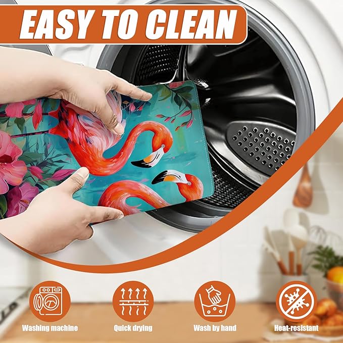 Tropical Flower Flamingo Dish Drying Mat for Kitchen Counter Microfiber Absorbent Dish Kitchen Drying Mat Draining Reusable Washable for Dishes/Utensils/Counterto