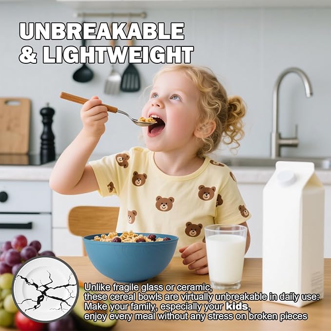Unbreakable Cereal Bowls 40 OZ, Wheat Straw Bowls Set of 6, Alternative Plastic Bowls for Kitchen, Outdoors, Microwave & Dishwasher Safe Bowl Set for Salad, Cereal, Snack, Ramen, Multi