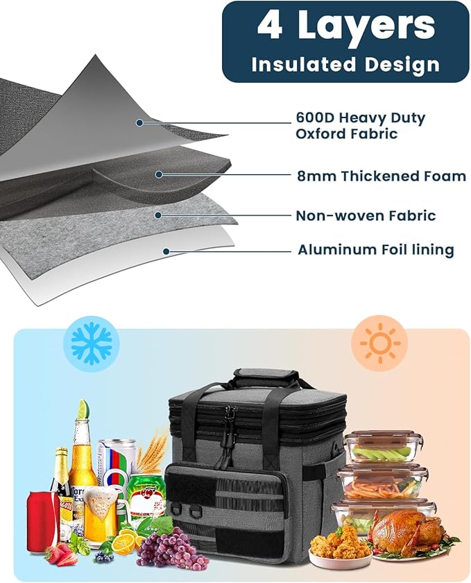 RalChyez Tactical Lunch Bag, 20L Large Heavy Duty Double Deck Insulated Lunch Box Leakproof Expandable Tote Cooler with Shoulder Strap for Adult Men Women Work Fishing Picnic Travel Gray