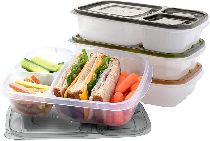 Bentgo Easyboxes - Original Stackable Lunch Boxes - Reusable 3-Compartment Food Containers for Kids and Adults - Bento Lunch Box for Meal Prep, School, & Work - BPA Free, Set of 4 (Earth Tones)