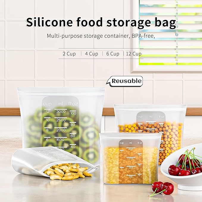 Bangp Premium Silicone Reusable Food Storage Bags,4 Pack(100oz, 50oz, 30oz,15oz),New Generation Stand Up Zip Freezer Bags,Sandwich Snack Bags,Multi-Use Food Storage Containers,Leak-free,Microwave Safe
