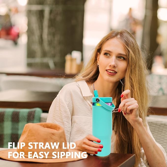 30 oz Tumbler Bulk with Handle and Straw, Vacuum Insulated Tumblers with Flip Straw and Top Handle, Leakproof Powder Coated Tumbler, Stainless Steel Travel Mug for Coffee Water (Blue, 8 Pack)