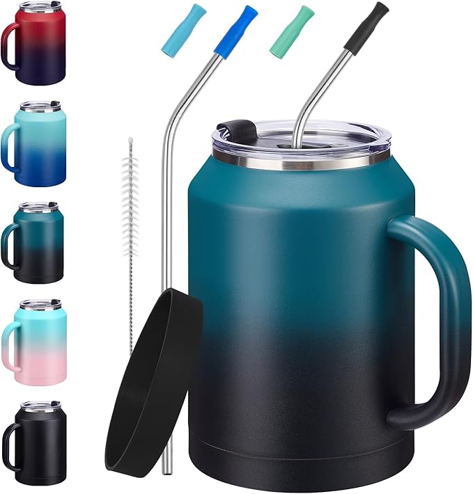 50 oz Mug Tumbler with Handle and Straw - 2-in-1 Lid, Silicone Water Bottle Boot, Stainless Steel Coffee Mugs, Double Wall Insulated Water Cup Keep Cold-36H Hot-24H, 50oz Large Tumbler Jug