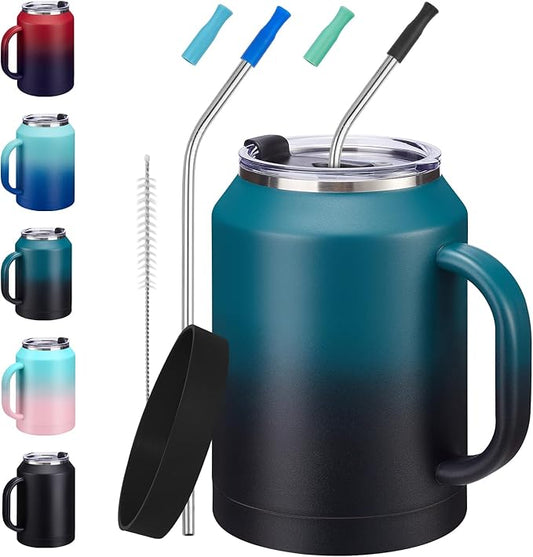 50 oz Mug Tumbler with Handle and Straw - 2-in-1 Lid, Silicone Water Bottle Boot, Stainless Steel Coffee Mugs, Double Wall Insulated Water Cup Keep Cold-36H Hot-24H, 50oz Large Tumbler Jug