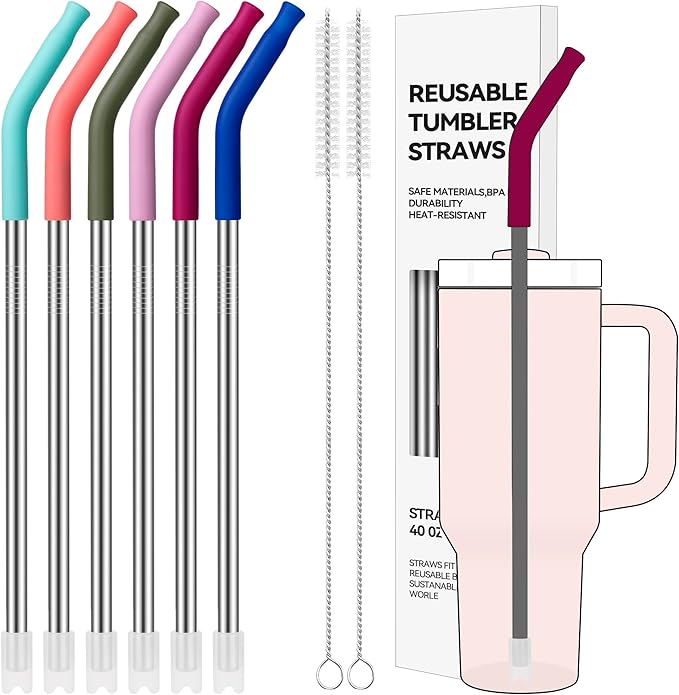 40 oz Straight Metal Straws for 40 oz Stanley Tumbler, 6 Pcs Stainless Steel Reusable Drinking Metal Straw with Colourful Silicone Tips,Straw for Glass Cups, BPA FREE
