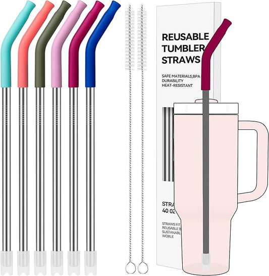 40 oz Straight Metal Straws for 40 oz Stanley Tumbler, 6 Pcs Stainless Steel Reusable Drinking Metal Straw with Colourful Silicone Tips,Straw for Glass Cups, BPA FREE