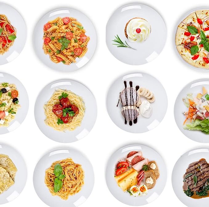 White Melamine Dinner Plates,12pcs Dishes Set,10inch Lightweight Round Plastic Plates,Scratch Resistant Unbreakable Serving Dishes,White