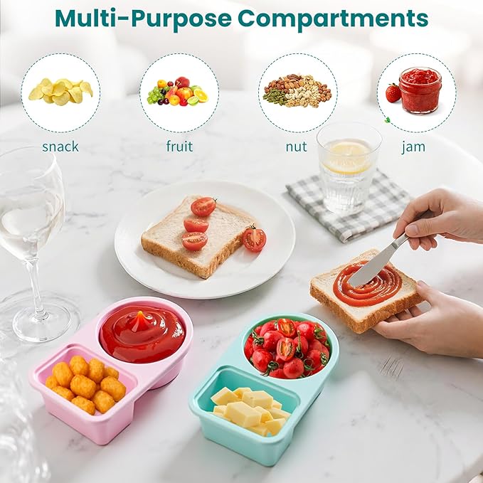 3 Pack Reusable Silicone Snack Containers with Semi-Transparent Lids, Small Leak-Proof 2 Compartment Condiment Container for Sauce, Fruit, Portable Food Storage Box for Office, Travel, Outdoors