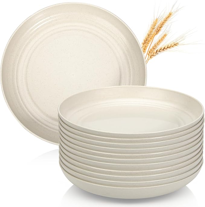 OAMCEG Wheat Straw Plates 12 Pack 9 Inch Unbreakable Plastic Plates Reusable, Dishwasher & Microwave Safe Wheat Straw Dinnerware Sets Kid-Friendly for Kitchen Outdoor Camping Salad, Beige