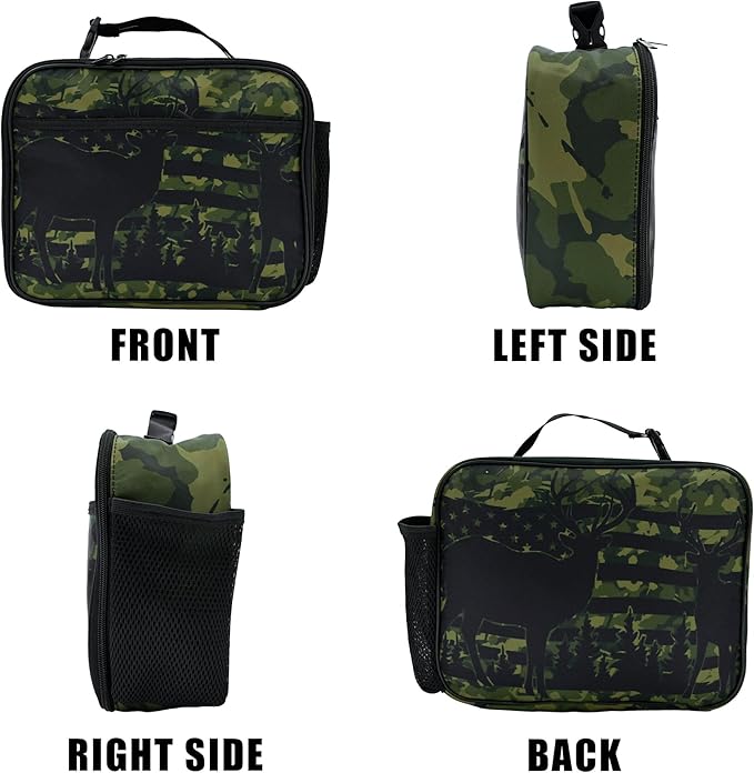 Camo Flag Deer Lunch Box Insulated Reusable Lunch Bag Tote Cooler for Women Men Boy Girl School Work Office Picnic