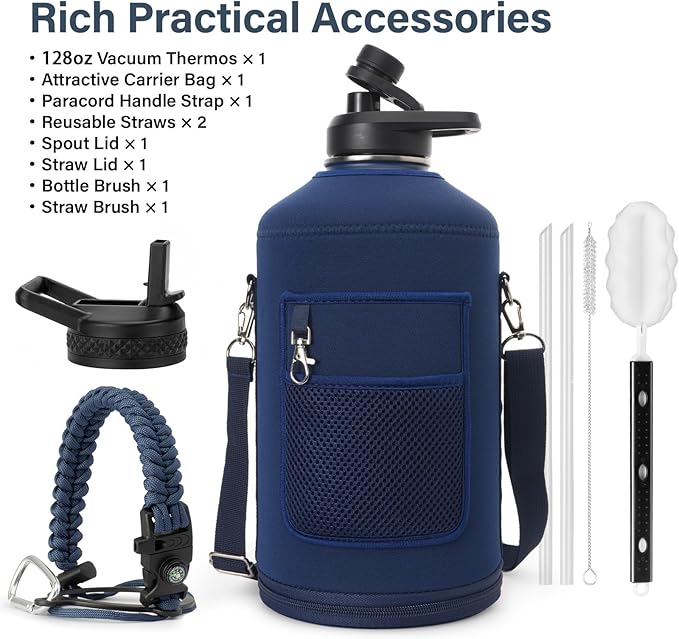 1 Gallon Water Bottle Insulated | Thickened Stainless Steel Vacuum Metal Water Jug | Portable Sports Large for Gym and Hiking with Straw, Carrier Bag, Handle Strap | BPA-Free 128 oz
