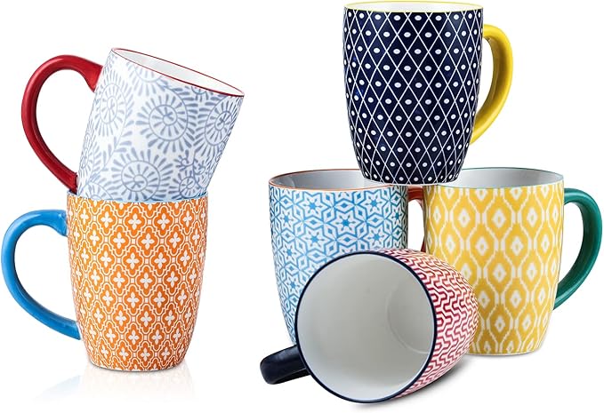 Selamica 16 oz Porcelain Coffee Mugs Set of 6, Coffee Cups Ceramic With Handle, Dishwasher, Oven, Microwave Safe, Assorted Colors