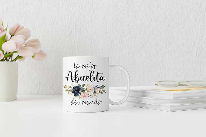 QASHWEY Best Grandma in The World Floral Coffee Mugs Mug,Abuelita Grandma Birthday Mother's Day Gifts from Grandkids,La Mejor Abuelita Del Mundo Spanish Double Side Printed Ceramic Mug Cup 11 Ounce