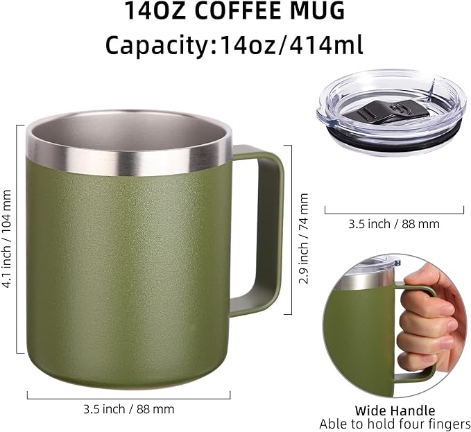 Volhoply 14oz Insulated Stainless Steel Coffee Mug with Leakproof Lid,Double Wall Vacuum Travel Coffee Cup with Handle,Reusable Cups Tumbler,Camping Mugs Keep Hot,Ideal Gifts(Army Green,1)