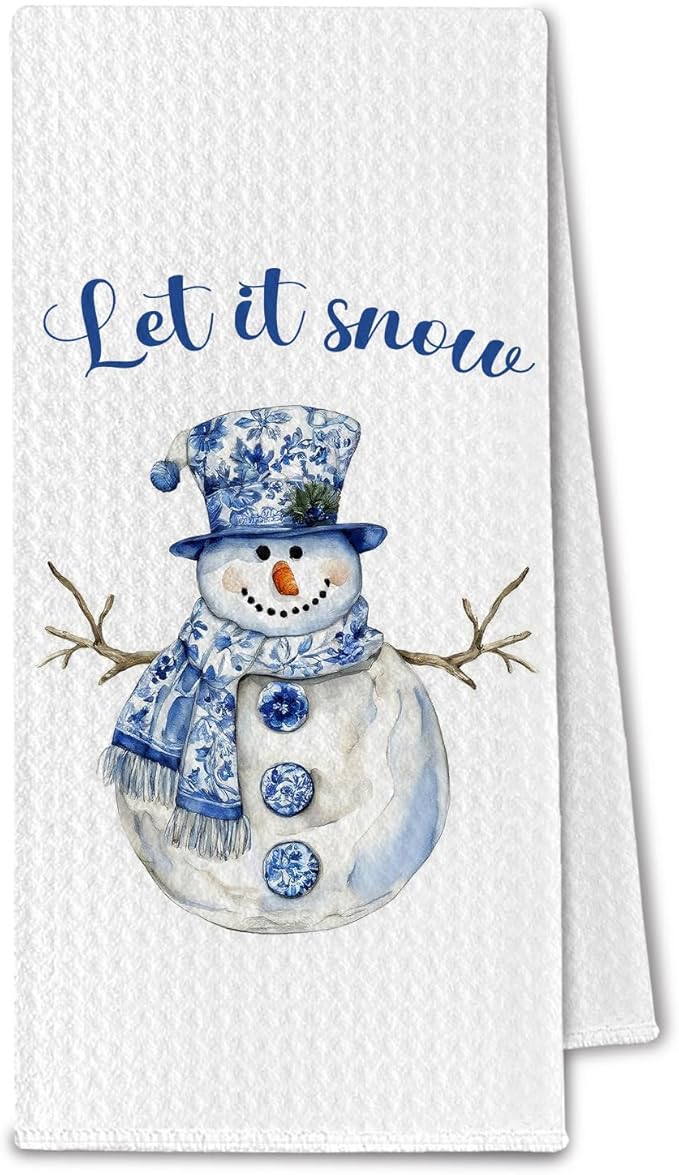 Blue Chinoiserie Christmas Snowman Kitchen Towels, Grandmillennial Xmas Dish Towels Drying Cloth for Kitchen, Let It Snow Winter Snowman Decorative Hand Towel for Bathroom, 16x24 Inch