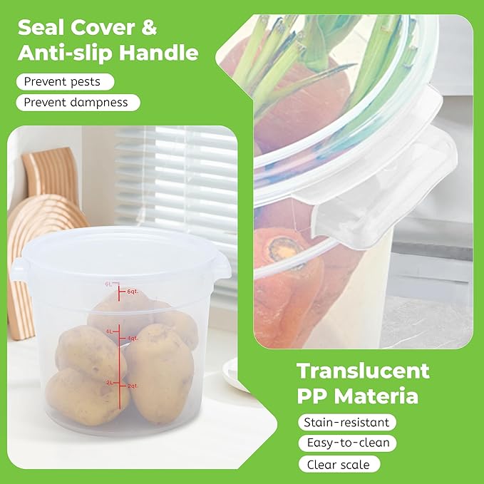 4 Pack Round Food Storage Containers with Lids, 6Qt Translucent Food Containers, Polypropylene, BPA Free, Includes Labels & Measuring Cups